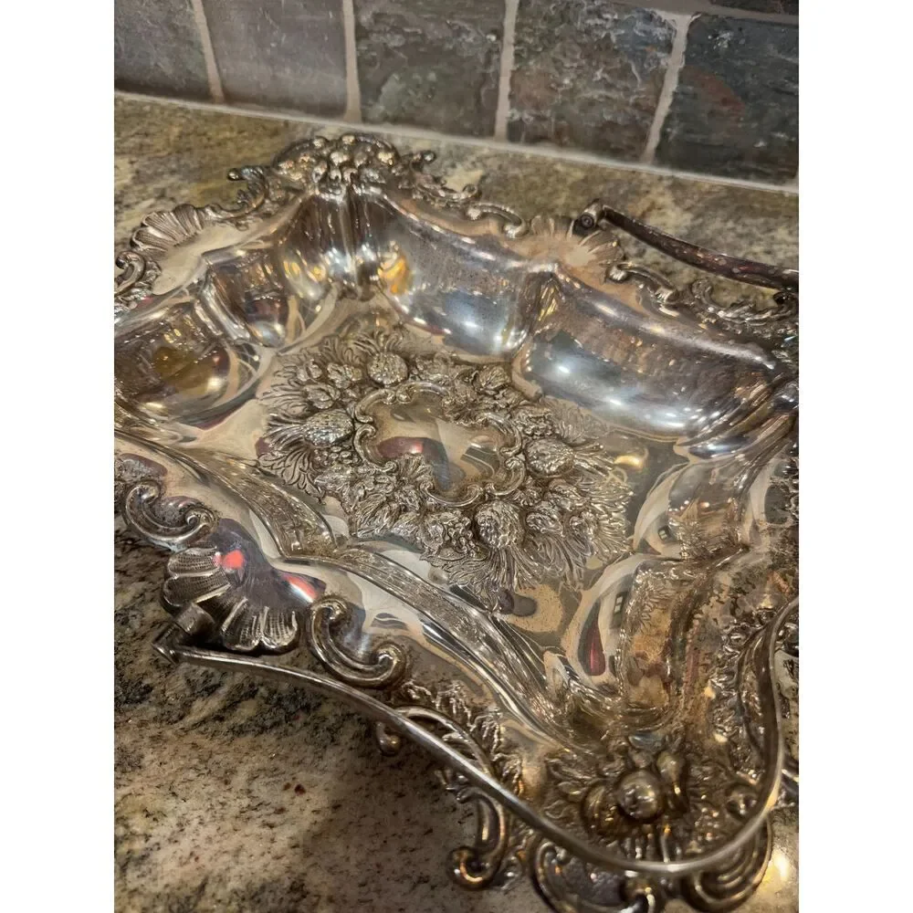 Antique Stunning Silver Plated Ornate Basket Repousse top handle must see